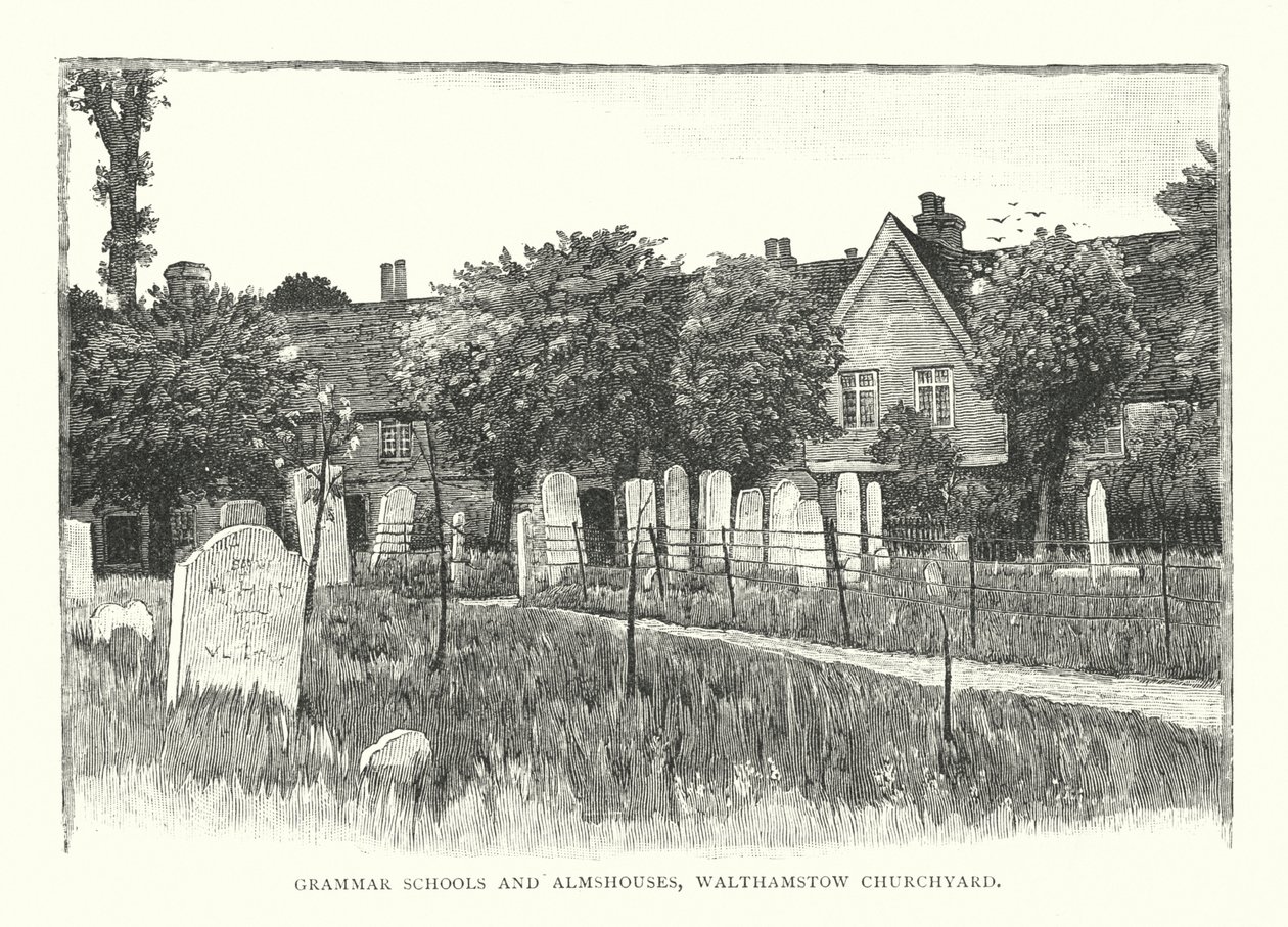 Grammar Schools en Almshouses, Walthamstow Churchyard (gravure) door English School