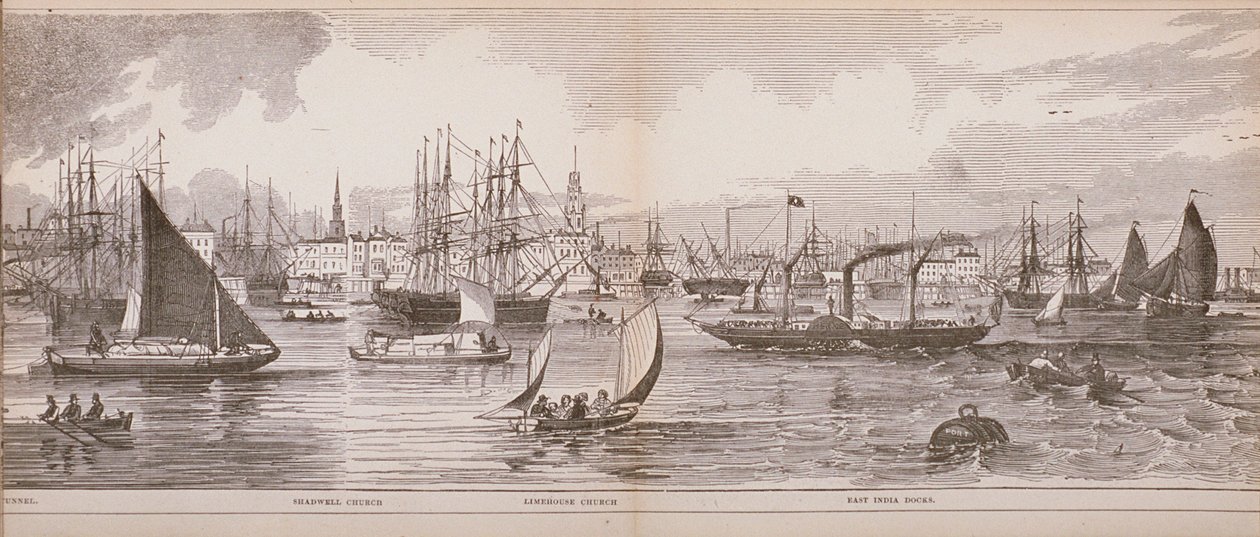 Groot Panorama van Londen, vanaf de rivier de Theems kijkend naar Shadwell, East India Docks en Limehouse, 1849 (houtsnede) door English School