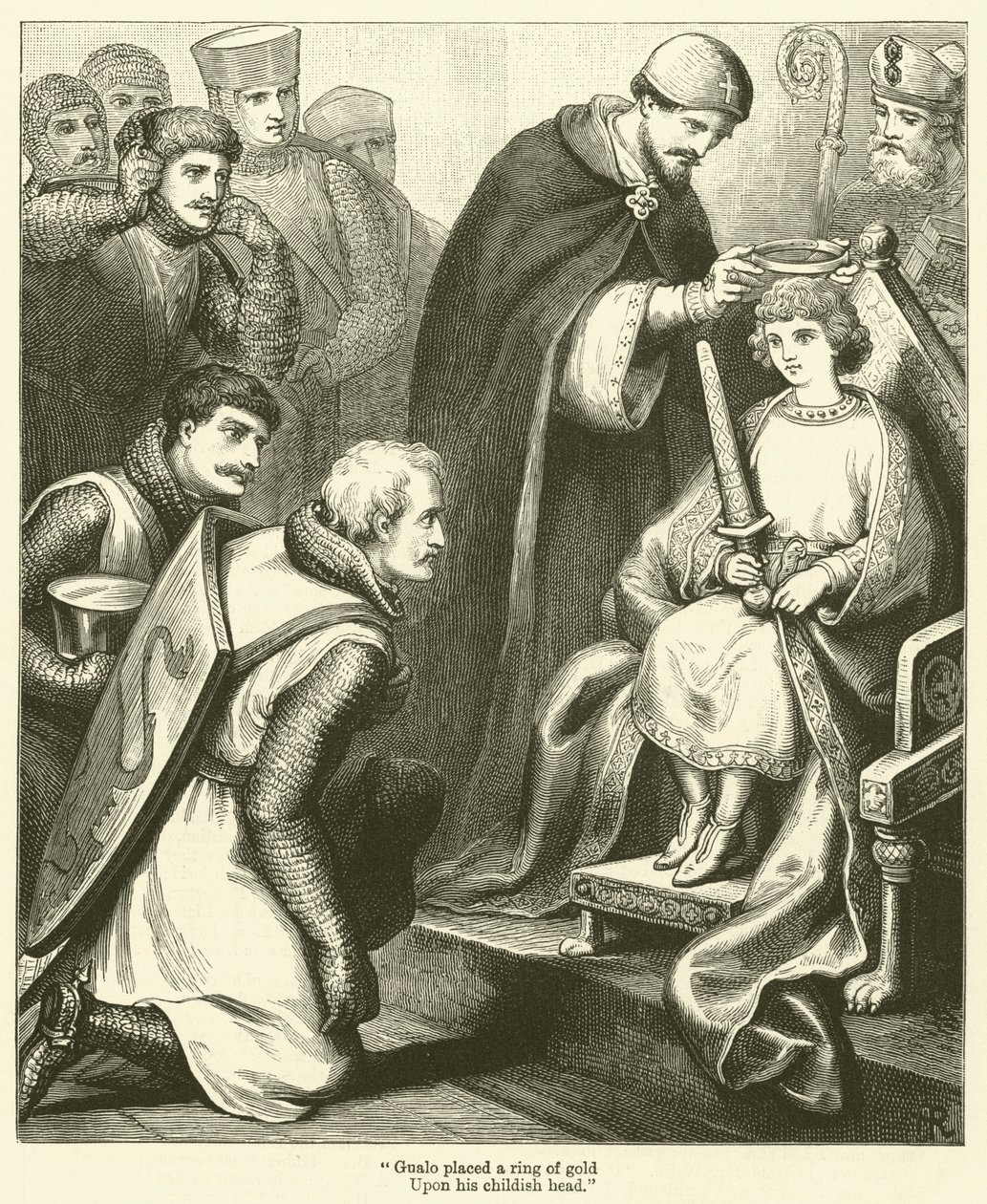 "Gualo plaatste een ring van goud, op zijn kinderhoofdje" (gravure) door English School