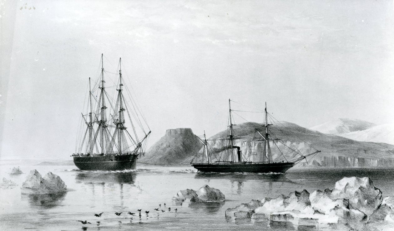 HMS Assistance in sleep van Pioneer langs John Harrow Mount, North Wellington Channel in 1853 (lithografie) door English School