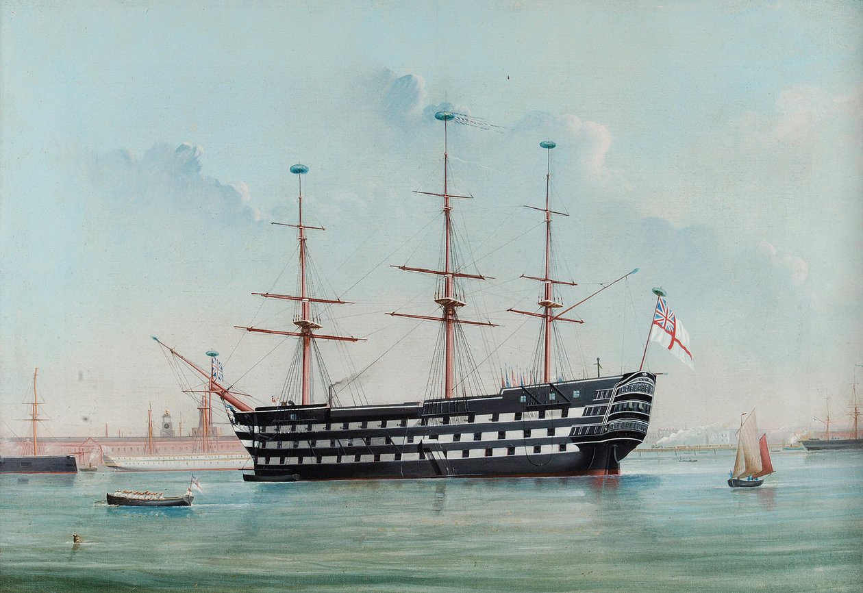 HMS Victory in de Haven van Portsmouth, ca.1860 door English School