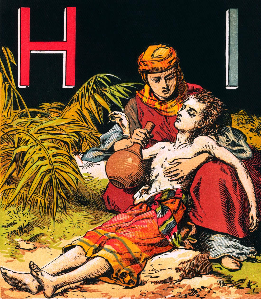 Hagar en Ismaël (kleurenlitho) door English School