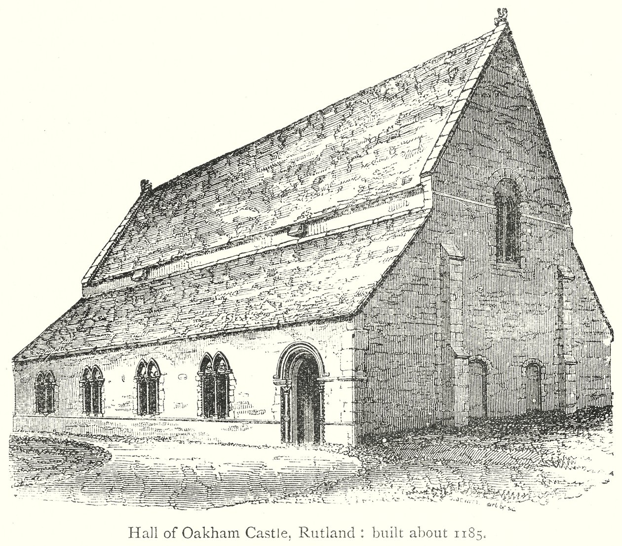 Zaal van Oakham Castle, Rutland: Gebouwd rond 1185 (gravure) door English School