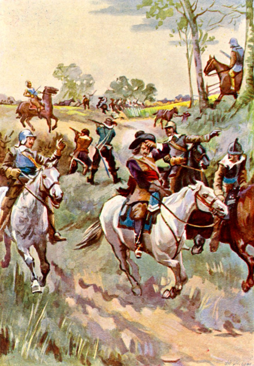 Hampden dodelijk gewond op Chalgrove Field (kleurenlitho) door English School