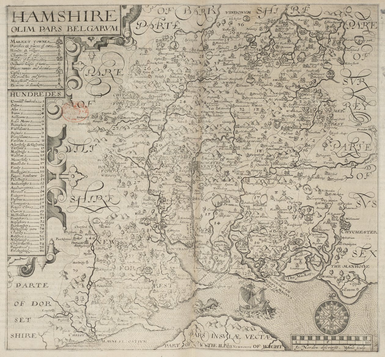 Hamshire, olim pars Belgarum. J. Norden descripsit. W. Hole sculp., uit Camden