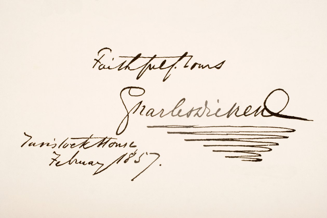 Handschrift en handtekening van Charles Dickens, 1857 door English School