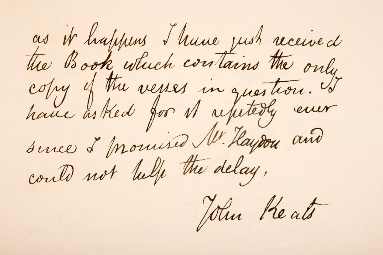 Handschrift en handtekening van John Keats door English School