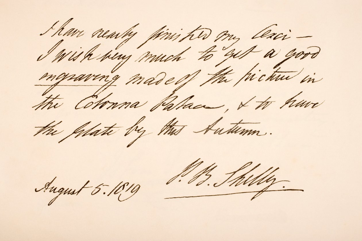 Handschrift en handtekening van Percy Bysshe Shelley, 1819 door English School