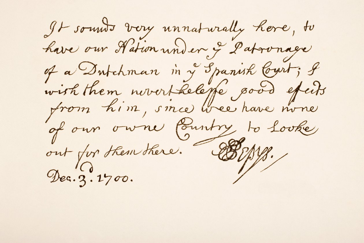 Handschrift en handtekening van Samuel Pepys, 1700 door English School