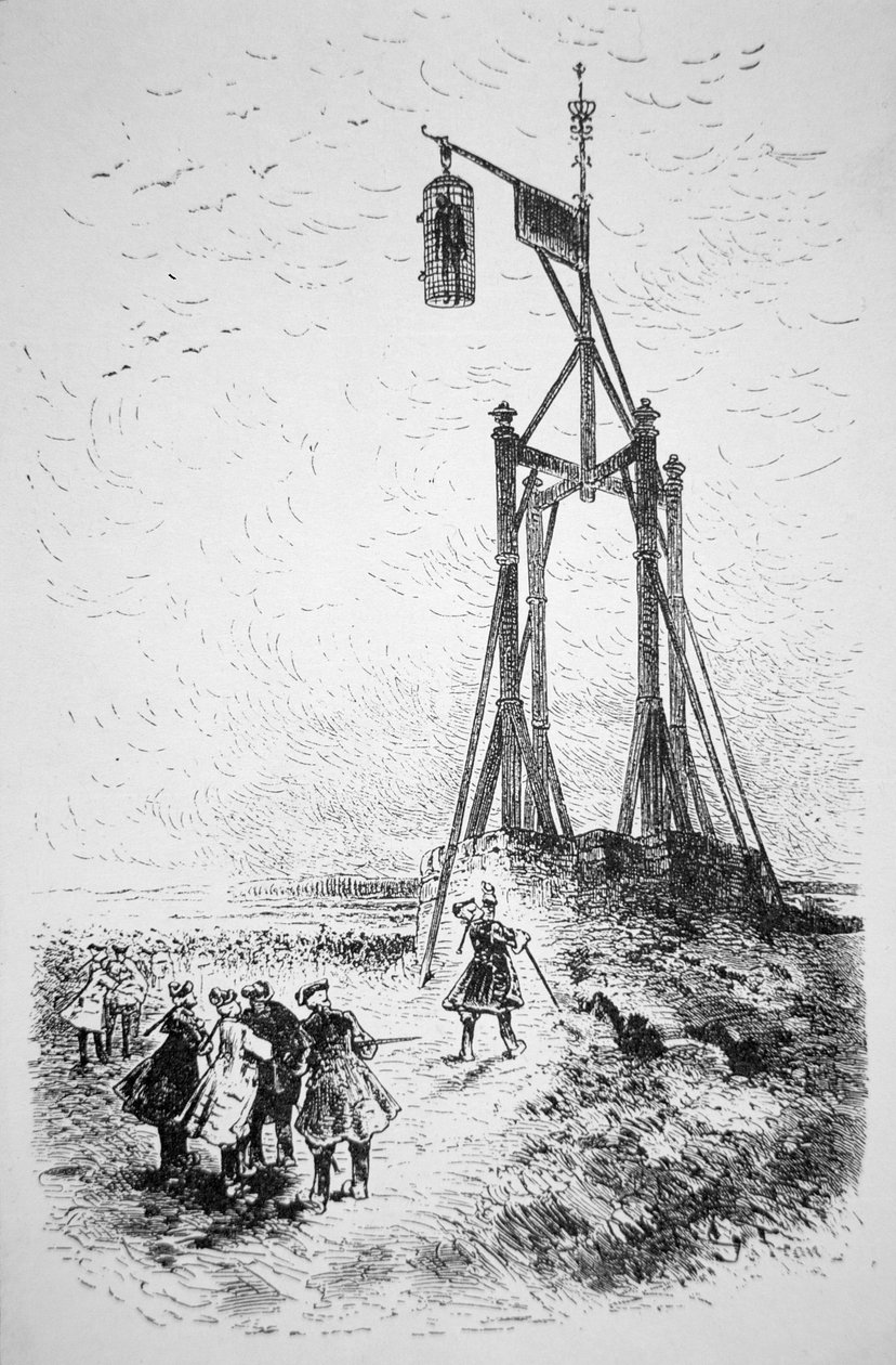Een piraat ophangen in een kooi op hoog terrein met uitzicht op zee (gravure) door English School