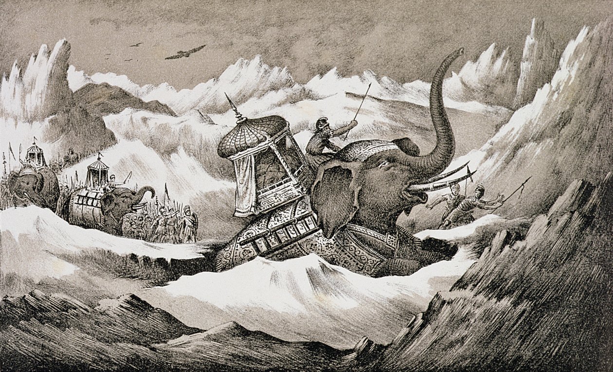 Hannibal (247-ca.183 v.Chr.) en zijn oorlogsolifanten die de Alpen oversteken door English School