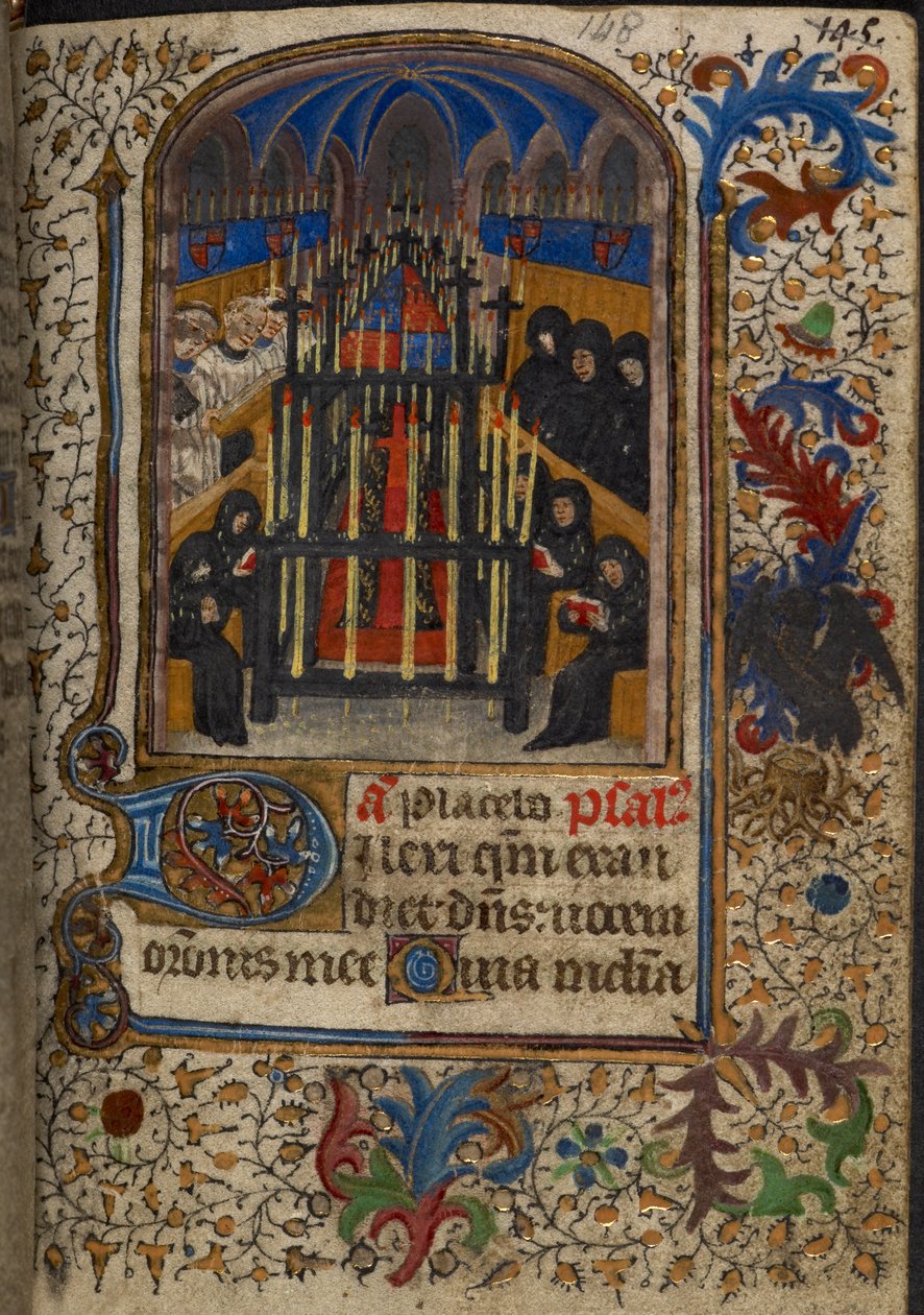 Een uitvaartdienst met de kist bedekt door de wapens van John, hertog van Bedford, uit de 