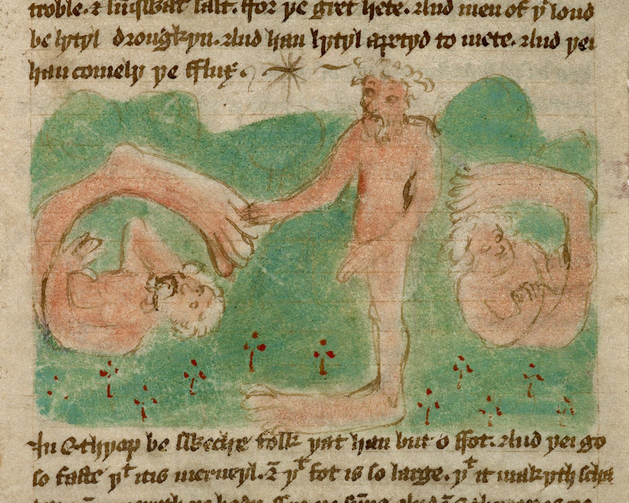 Een gekleurde tekening die mythische mensen van Ethiopië afbeeldt, geboren met slechts één voet (een sciopod), om hen te beschermen tegen de zon, uit 