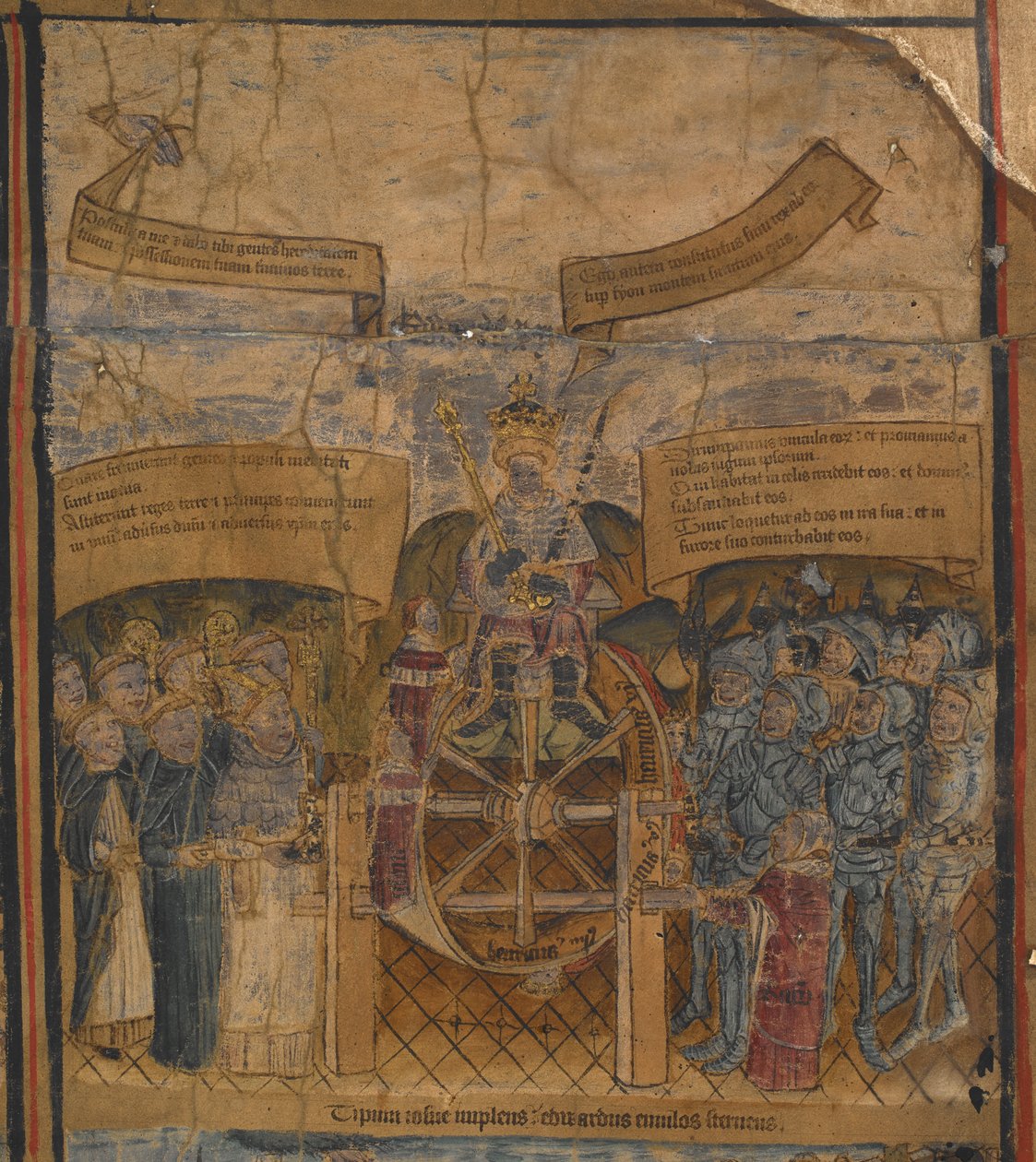 Harley 7353 Koning Edward IV op het Rad van Fortuin, geflankeerd door de Hertogen van Clarence en Gloucester en vertegenwoordigers van de Kerk en het Leger, 