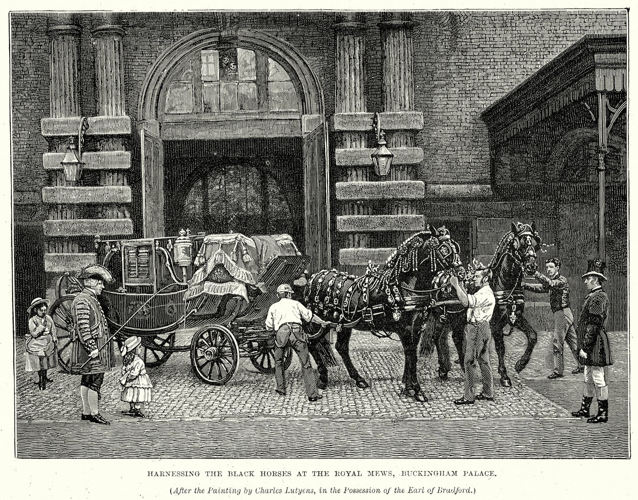 Het spannen van de zwarte paarden in de Royal Mews, Buckingham Palace (gravure) door English School