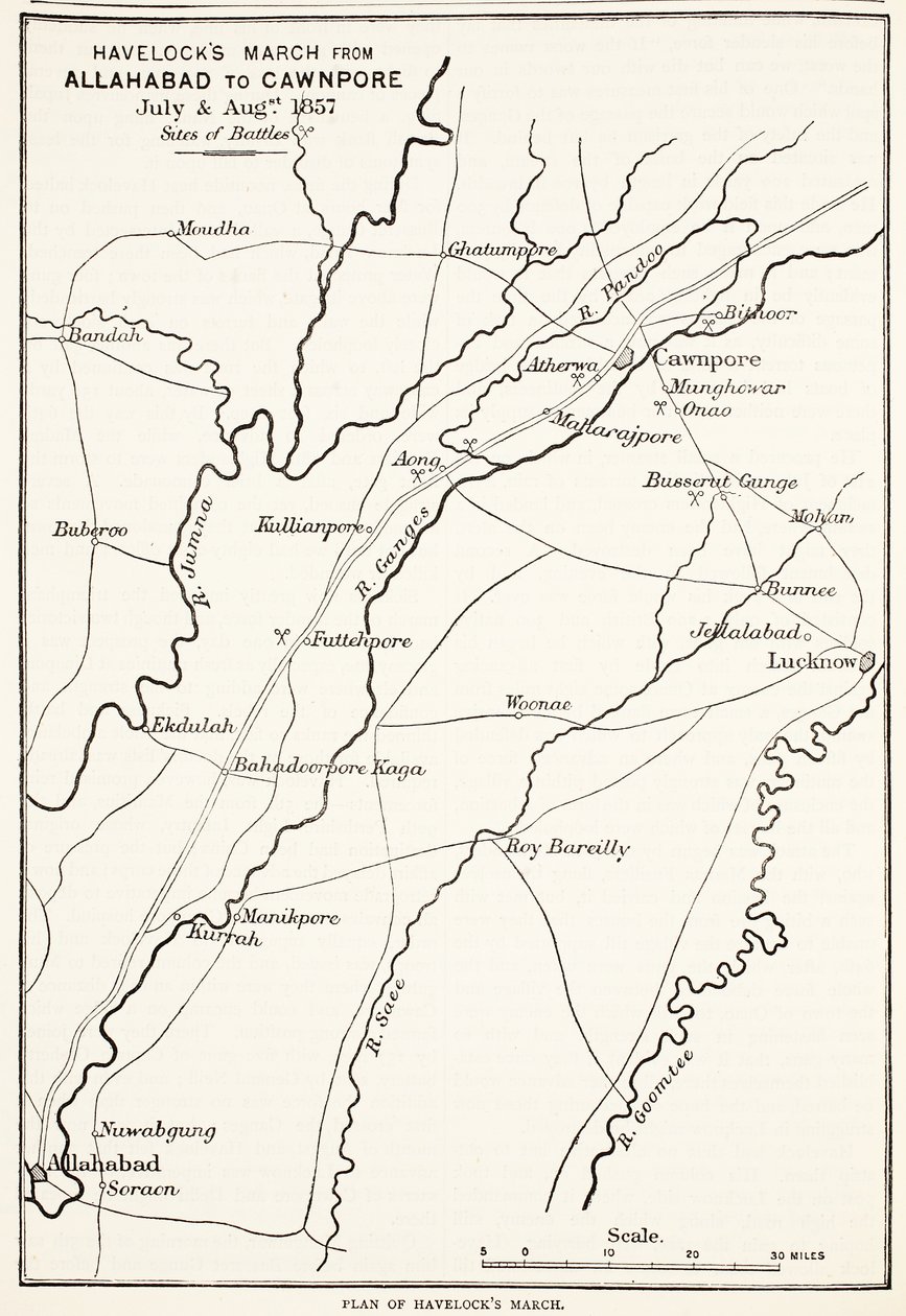 Havelocks mars van Allahabad naar Cawnpore, juli & augustus 1857, uit Cassells Geïllustreerde Geschiedenis van Engeland door English School