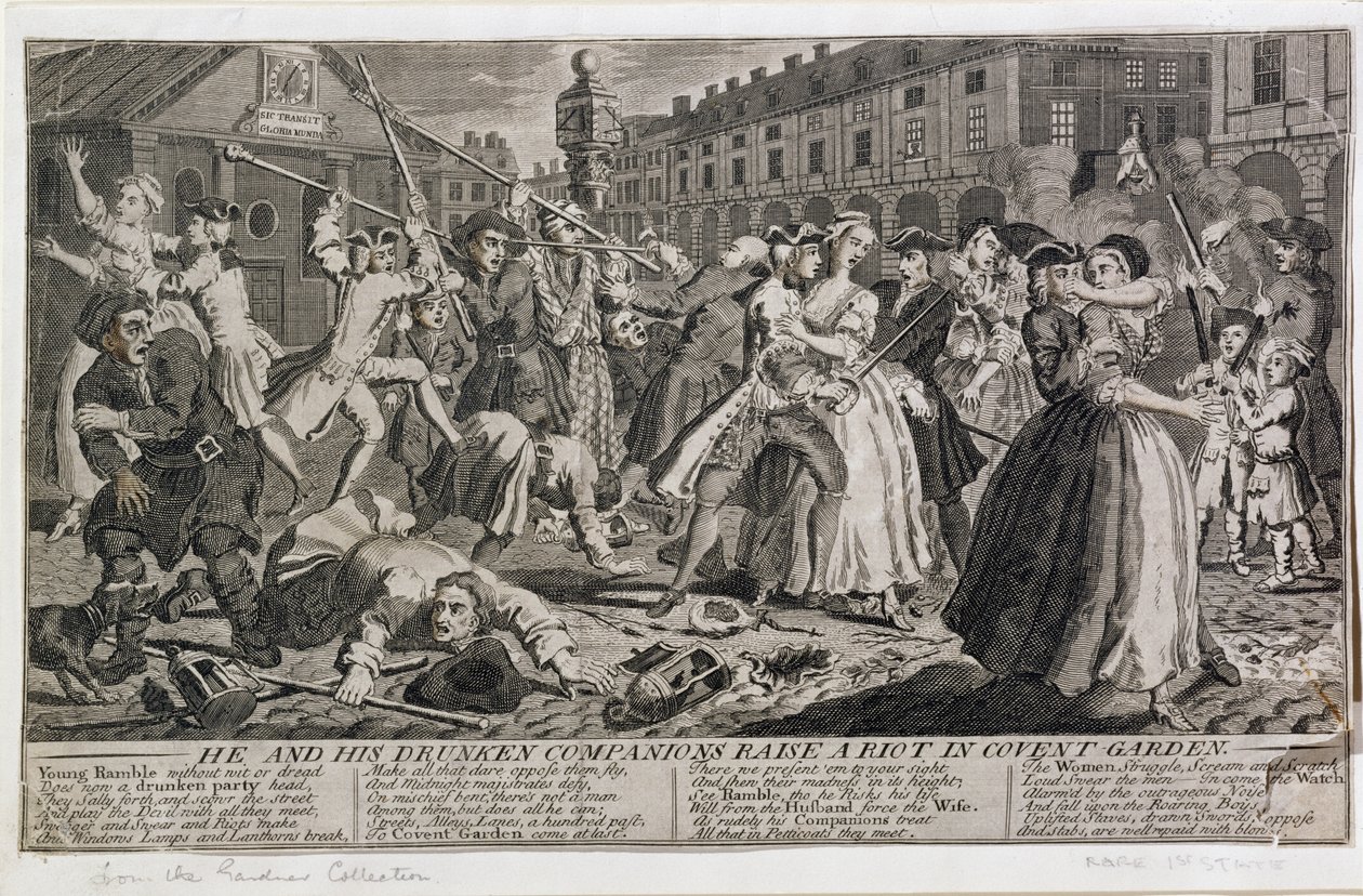 Hij en zijn dronken metgezellen veroorzaken een rel in Covent Garden, 1735 door English School
