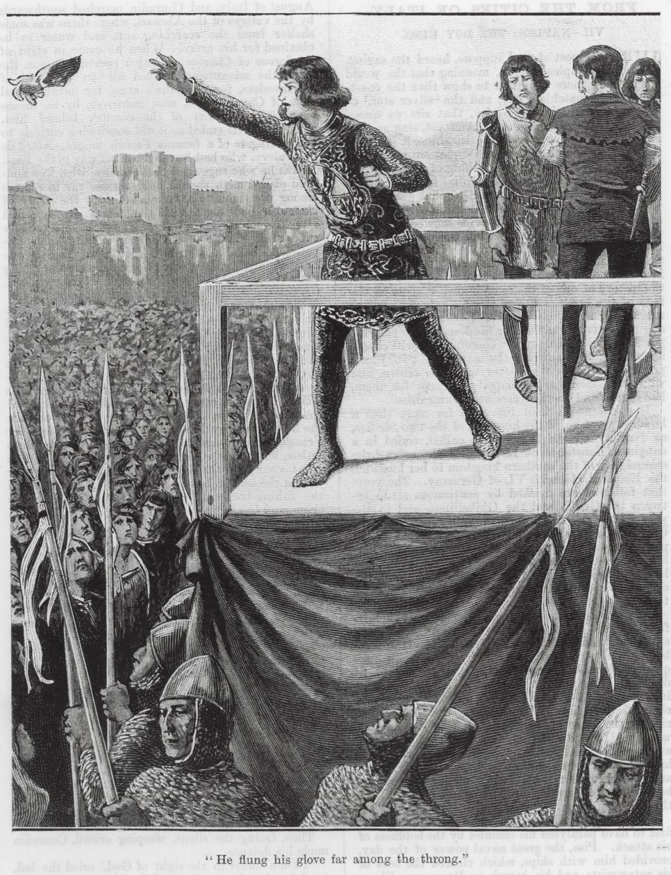 "Hij wierp zijn handschoen ver tussen de menigte" (gravure) door English School