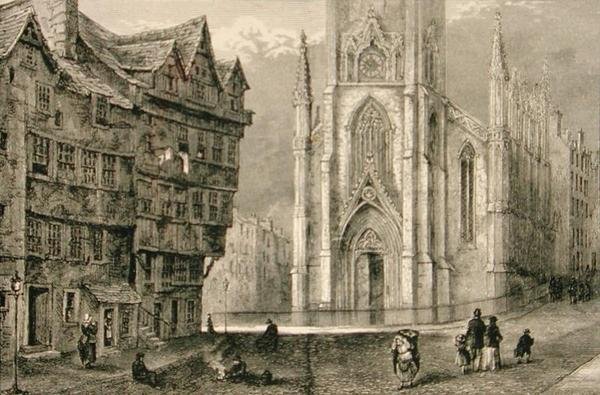 Hoofd van West Bow, met de Assembly Hall in het midden van de 19e eeuw, uit 