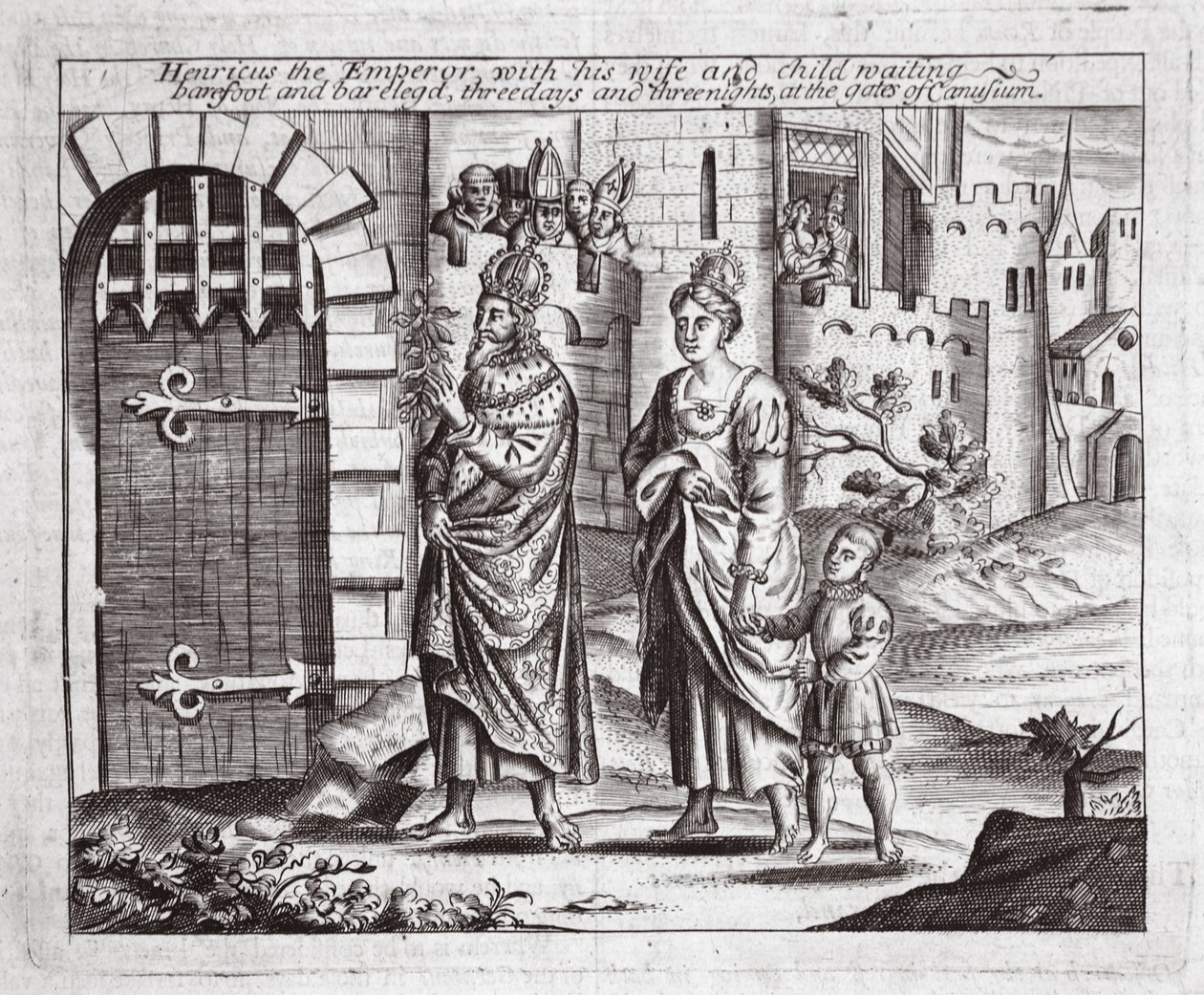 Henricus de Keizer met zijn vrouw en kind wachtend, blootsvoets en met blote benen, drie dagen en drie nachten bij de poorten van Canusuam, illustratie uit Handelingen en Monumenten van John Foxe, negende editie door English School