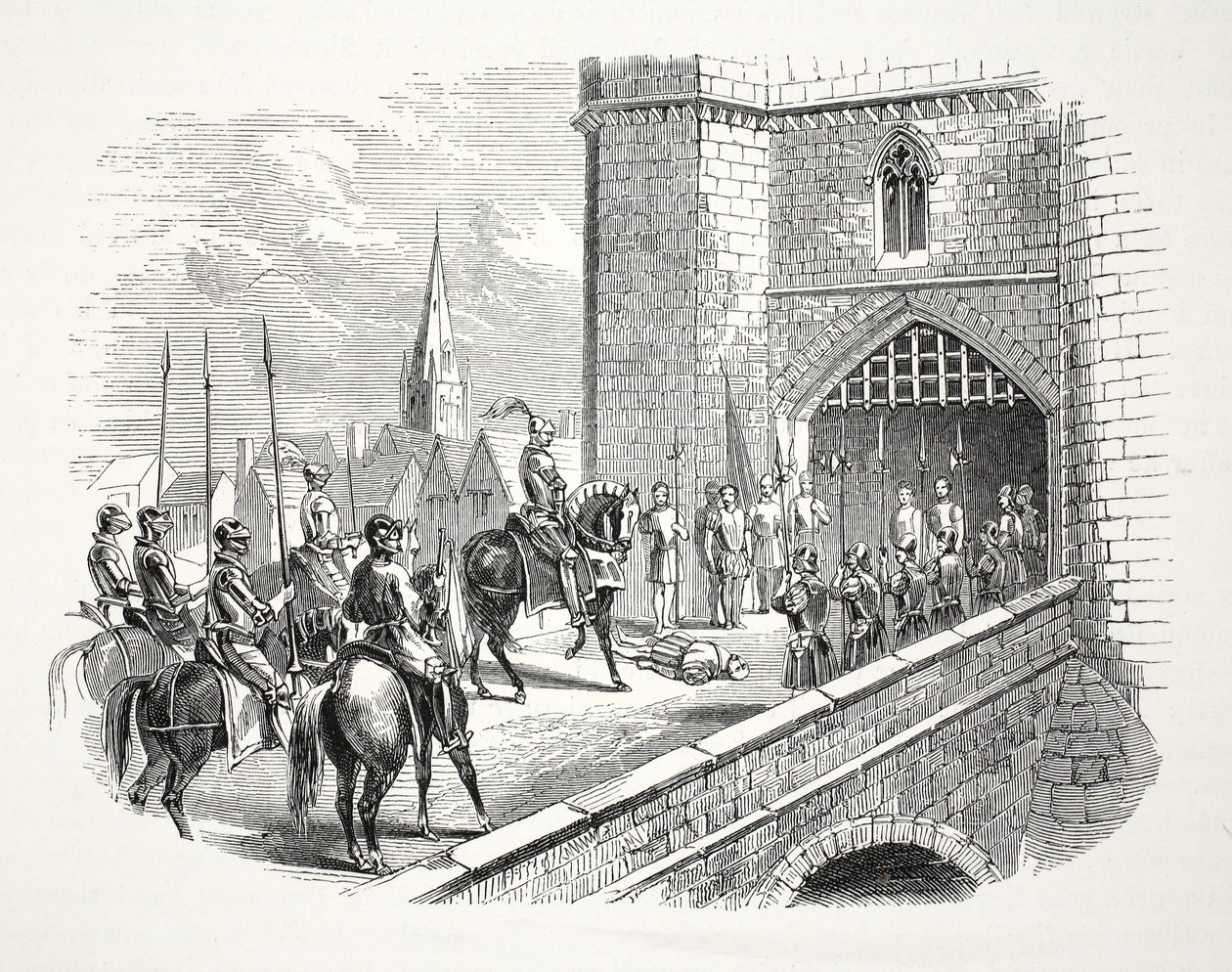 Henry graaf van Richmonds (later Henry VII) intocht in Shrewsbury over het lichaam van de burgemeester, 19e eeuw door English School