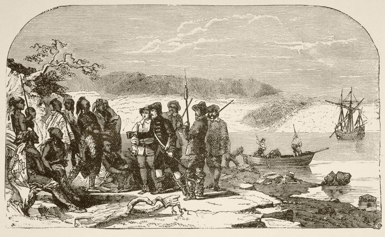Henry Hudson biedt drank aan de Indianen in 1609 door English School