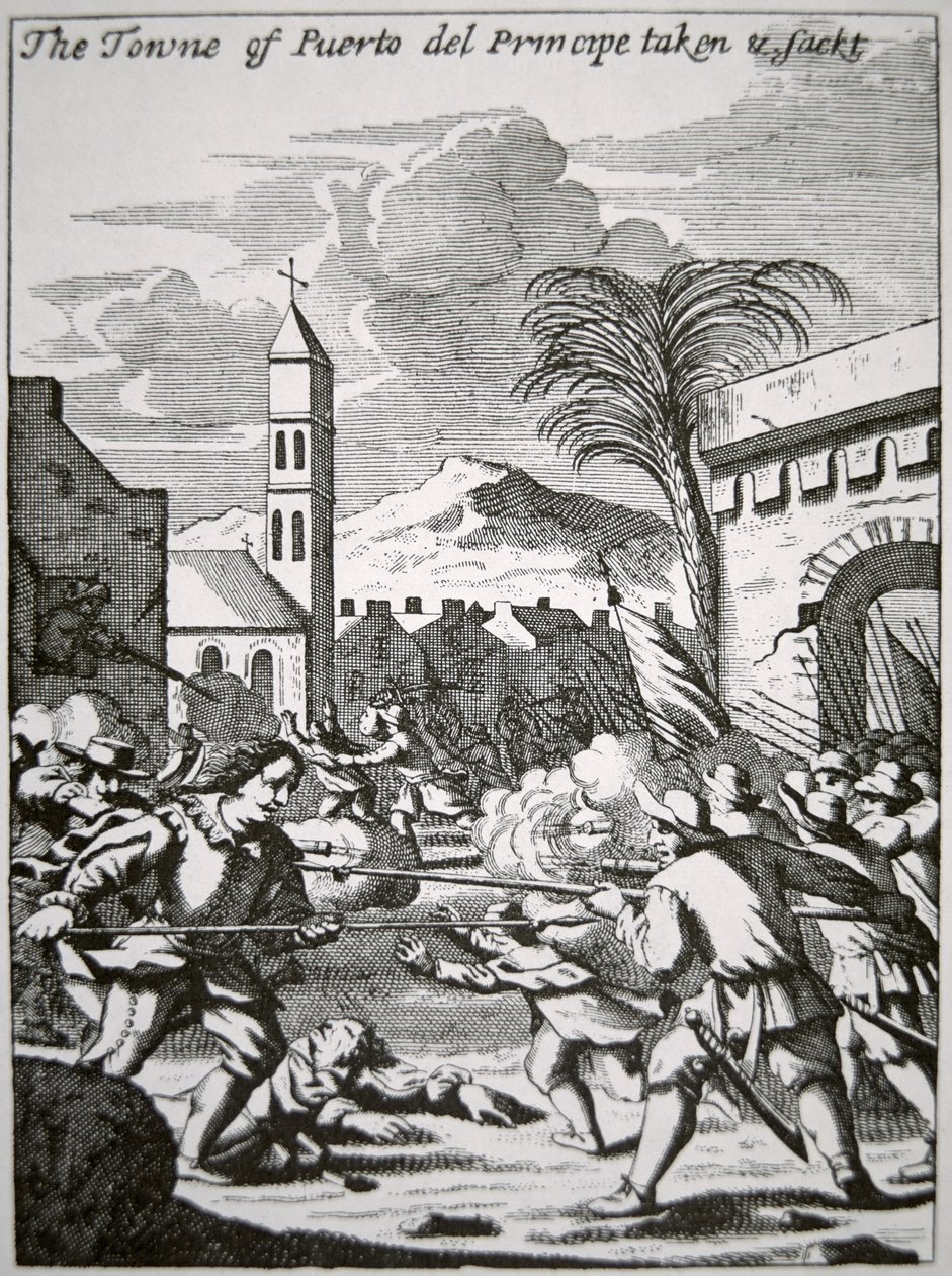Henry Morgan verovert en plundert de stad Puerto de Principe, Cuba, in 1668, illustratie uit 