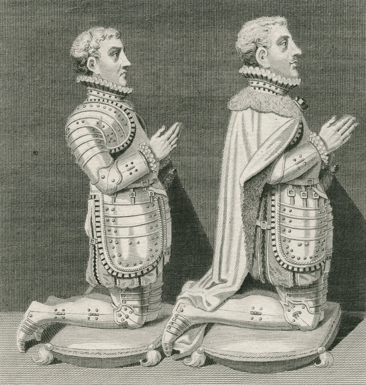 Henry Stuart, Lord Darnley en zijn broer Charles Stuart, Graaf van Lennox, knielend voor het graf van hun moeder in Westminster Abbey, gegraveerd door Andrew Birrell, 1796 door English School