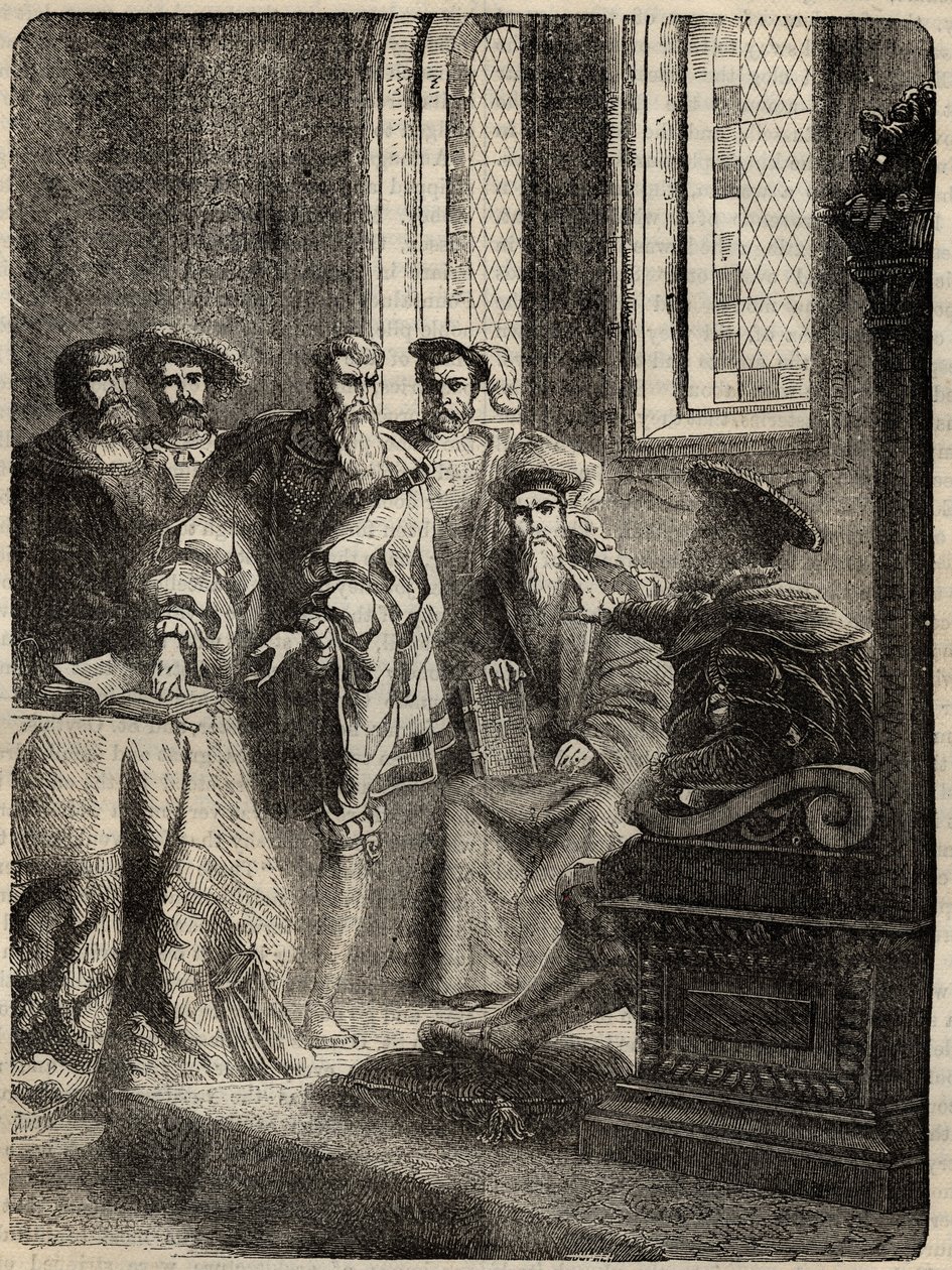 Hendrik VIII en zijn Raad die de vertaling van de Bijbel in het Engels bevelen - 1538 - gravure uit 