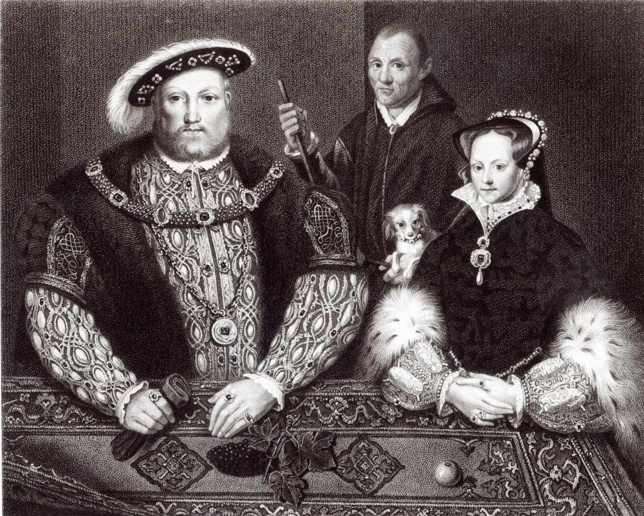 Hendrik VIII, zijn dochter Koningin Mary en Will Somers, naar een 16e-eeuws olieverfschilderij, postuum geschilderd, 1821 door English School