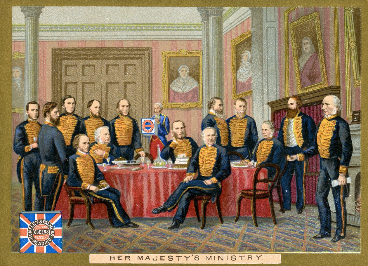 Hare Majesteits Ministerie, promotiekaart voor Huntley & Palmers Biscuits, ca. 1890 door English School