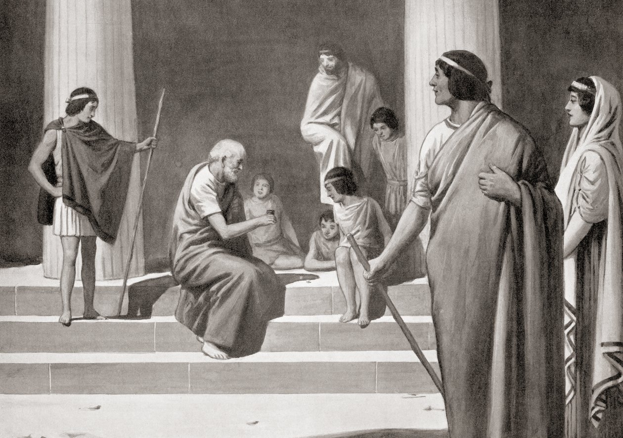 Heraclitus speelt dobbelstenen met jongens om zijn minachting voor de gebruikelijke bezigheden van mannen te tonen, uit Hutchinson