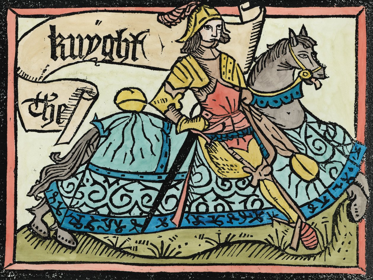 Hier begint het verhaal van de ridder, illustratie uit The Canterbury Tales door Geoffrey Chaucer (c.1345-1400) gedrukt door William Caxton (c.1422-91) 1434 door English School