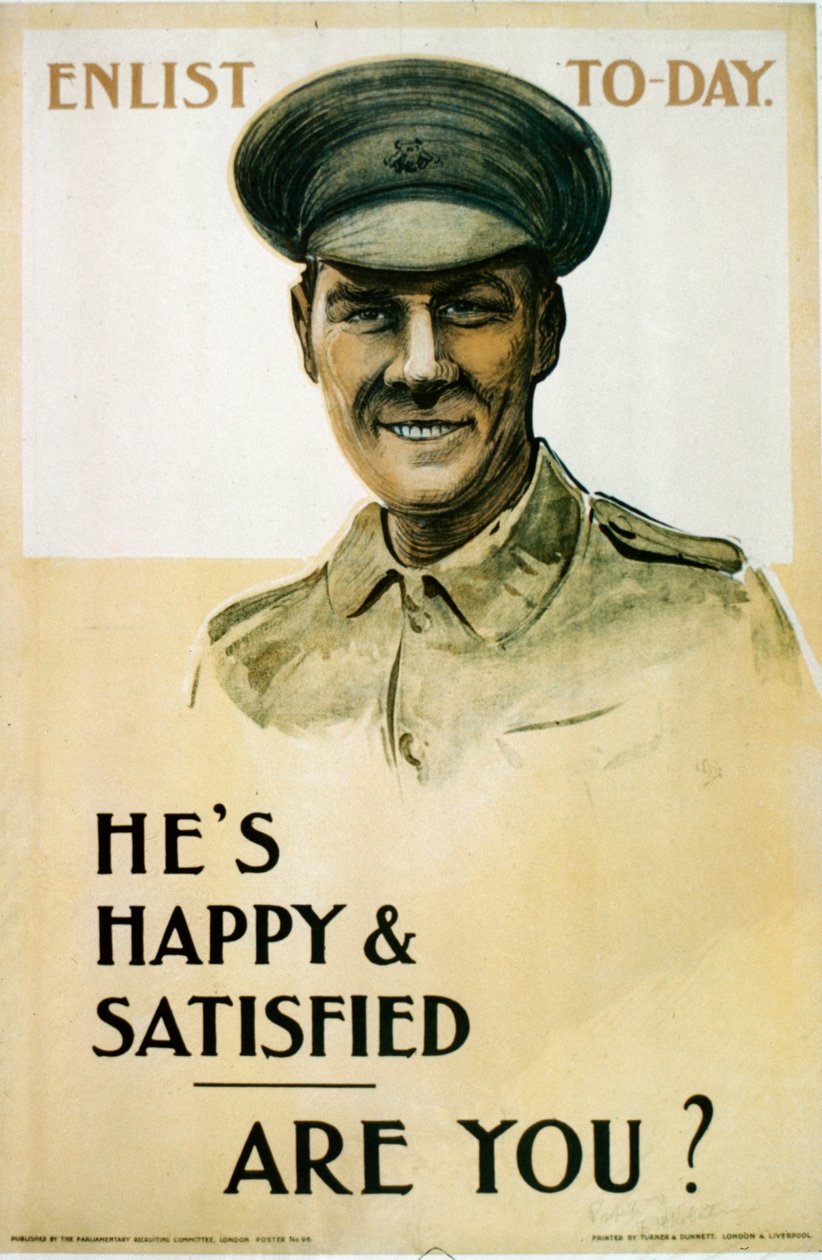 Hij is gelukkig en tevreden - ben jij dat ook?, Britse wervingsposter uit de Eerste Wereldoorlog, 1914-18 door English School
