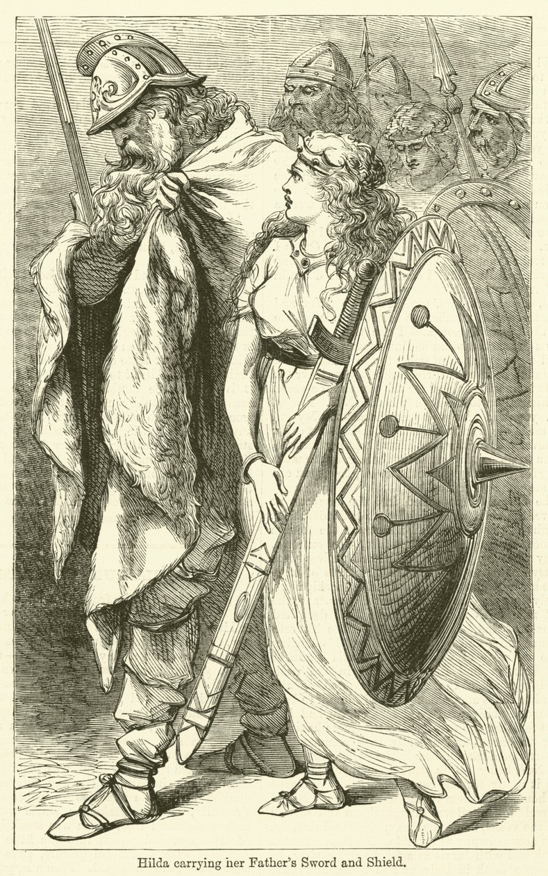 Hilda draagt haar vaders zwaard en schild (gravure) door English School