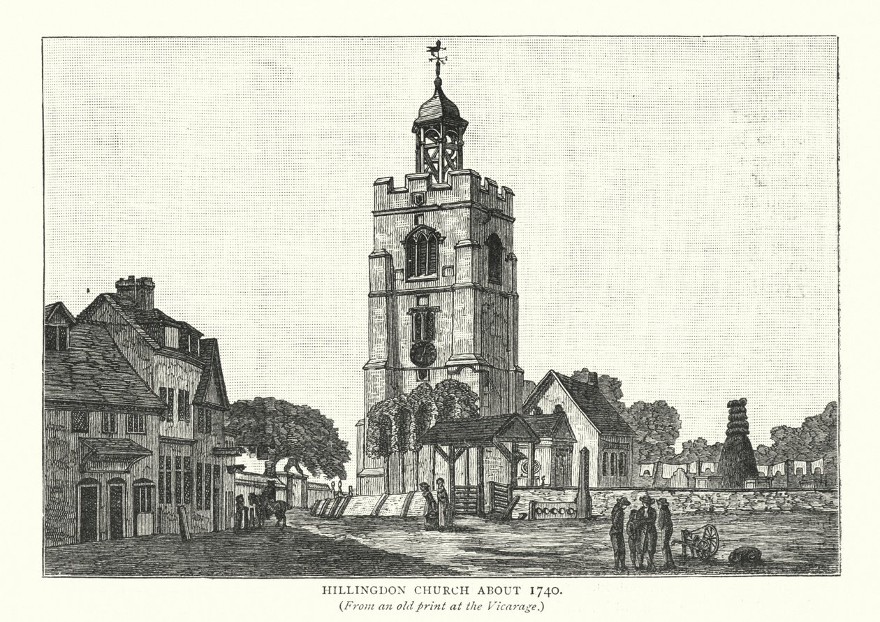 Hillingdon Kerk omstreeks 1740 (gravure) door English School