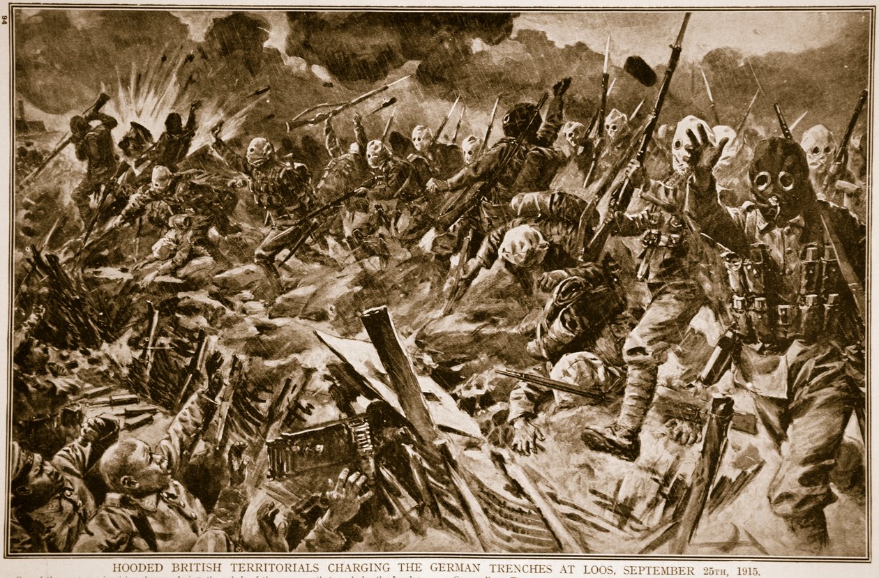 Britse territoriale troepen met gasmaskers bestormen de Duitse loopgraven bij Loos, 25 september 1915 door English School