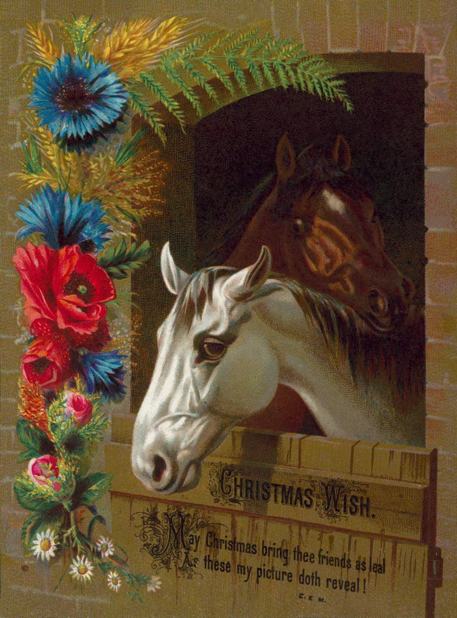 Paarden in een stal (chromolitho) door English School