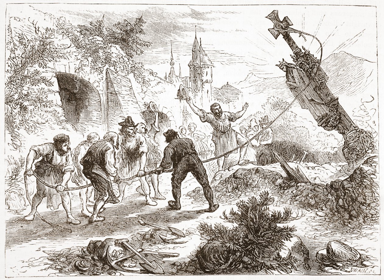 Hottinger vernietigt het beeld, illustratie uit De Geschiedenis van het Protestantisme door James Aitken Wylie, 1878 door English School