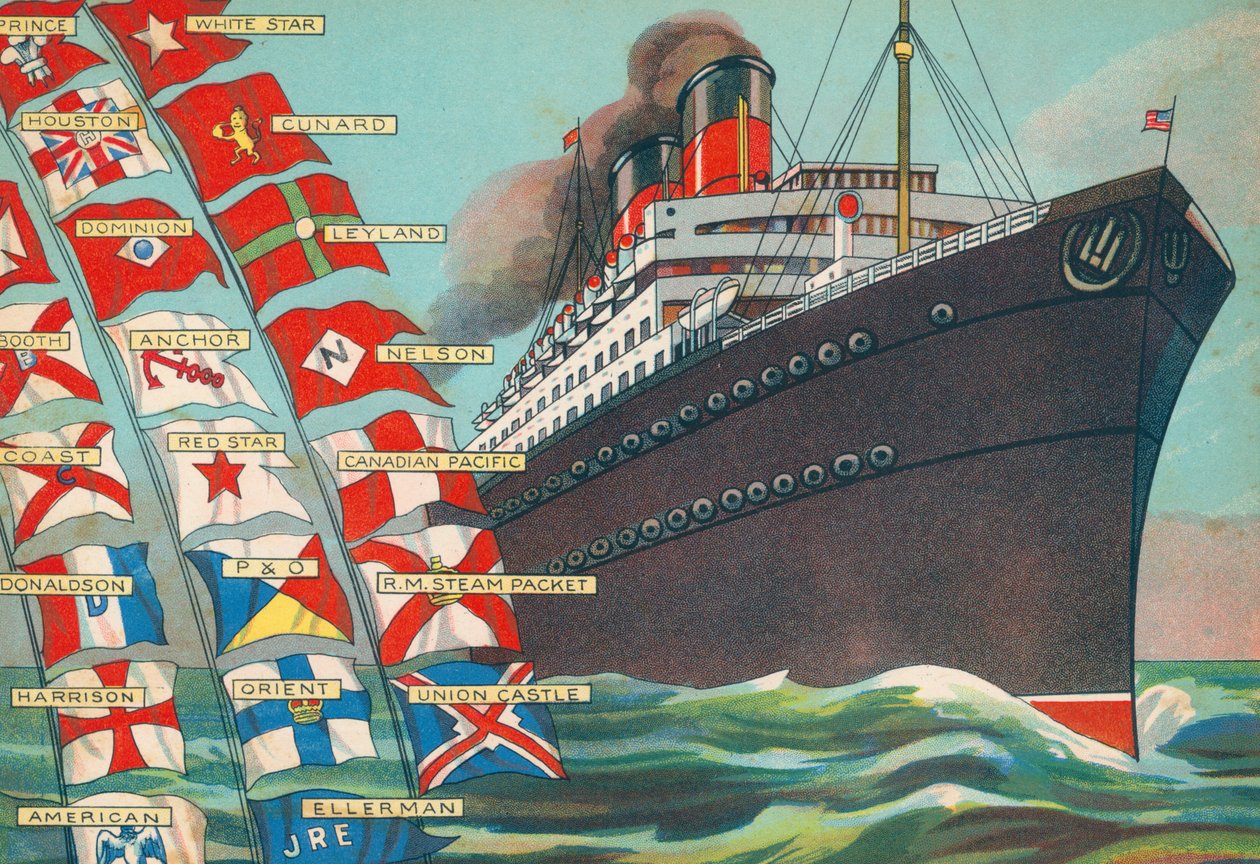 Huisvlaggen van passagiersstoombootlijnen (kleurenlitho) door English School