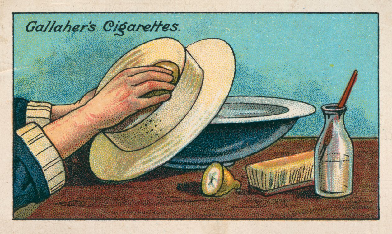 Een witte strooien hoed schoonmaken (chromolitho) door English School