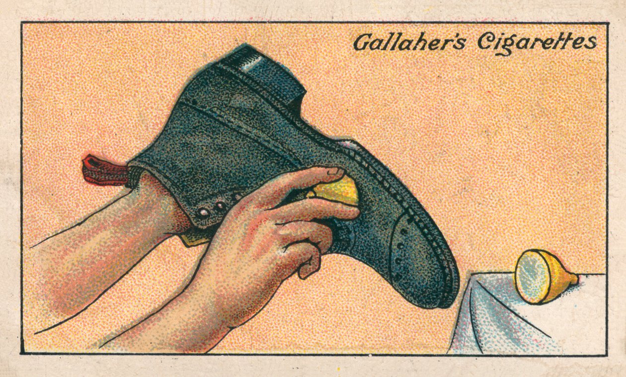 Nieuwe laarzen schoonmaken (chromolitho) door English School