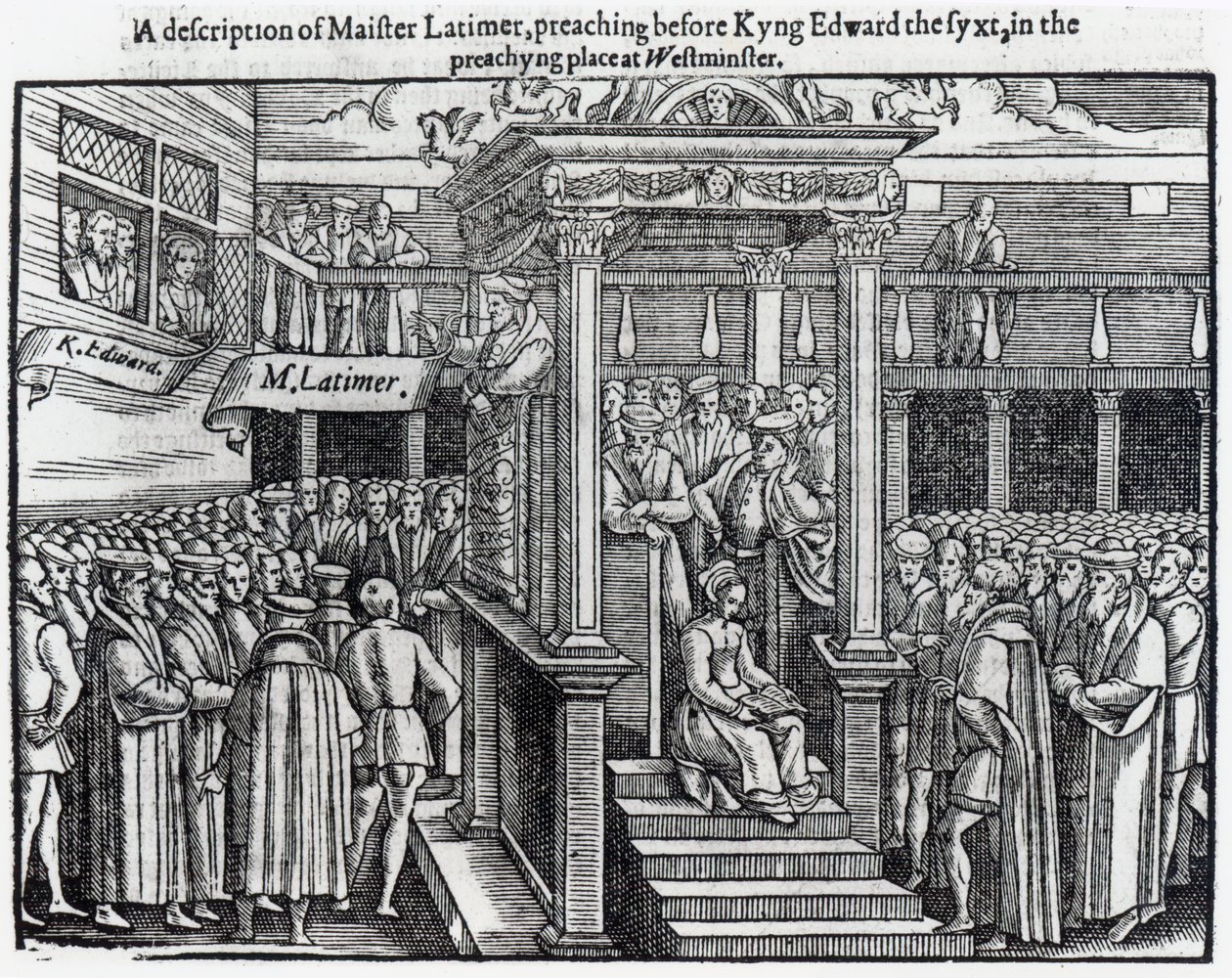 Hugh Latimer (ca.1485-1555) predikend voor koning Edward VI (1537-53) in Westminster in 1547, uit 