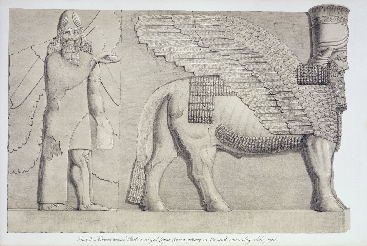 Menselijk hoofd stier en gevleugeld figuur van een poort op de muur rond Koujunjik, plaat 3 uit Nineveh en zijn overblijfselen door Austen Henry Layard (1817-94) gepubliceerd 1849 door English School