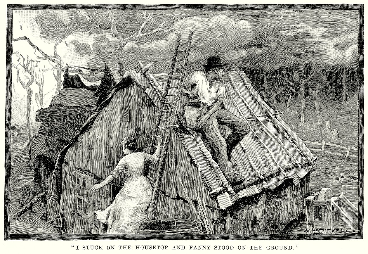 "Ik stak op het dak van het huis en Fanny stond op de grond" (gravure) door English School