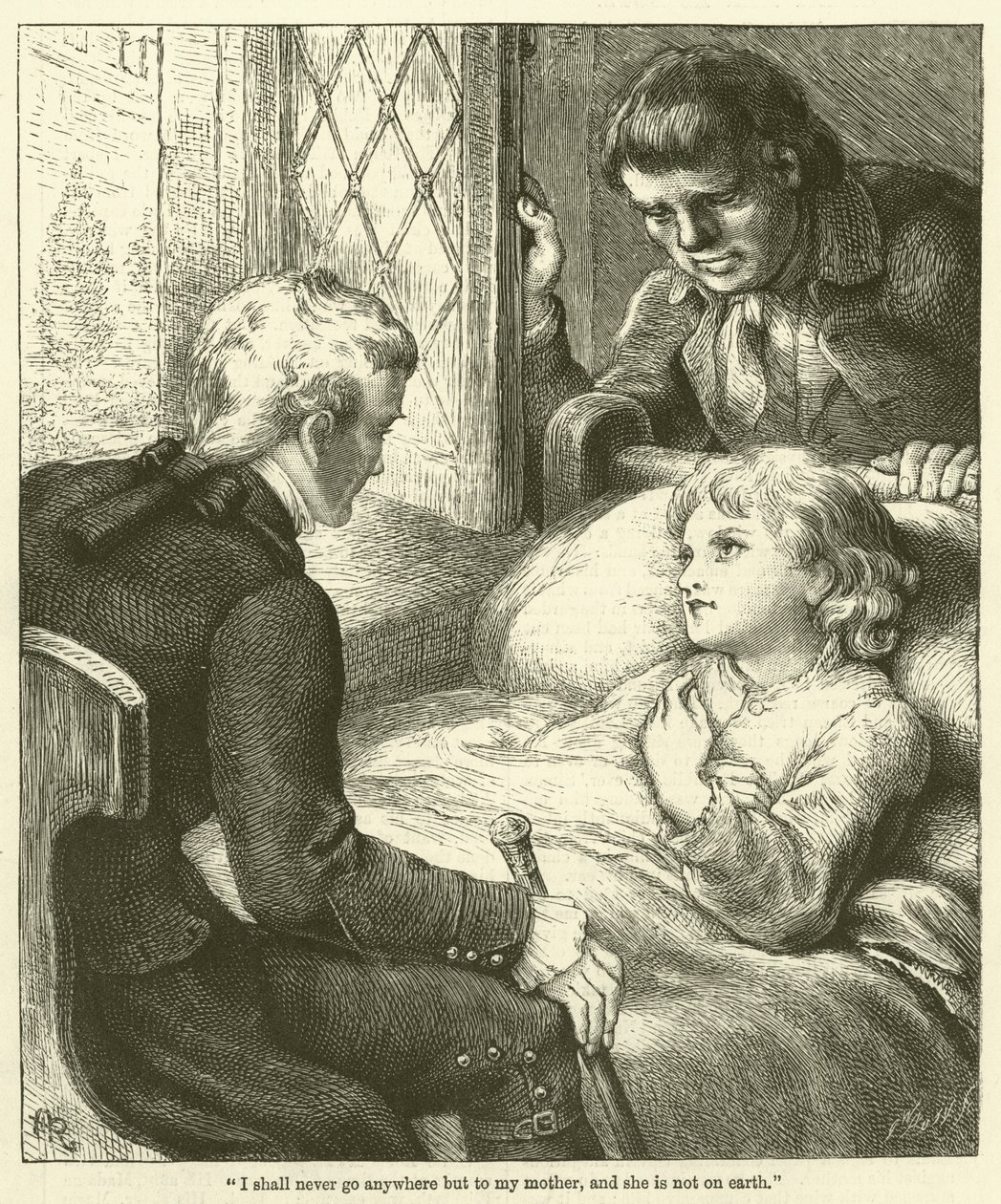 "Ik zal nooit ergens anders heen gaan dan naar mijn moeder, en zij is niet op aarde" (gravure) door English School