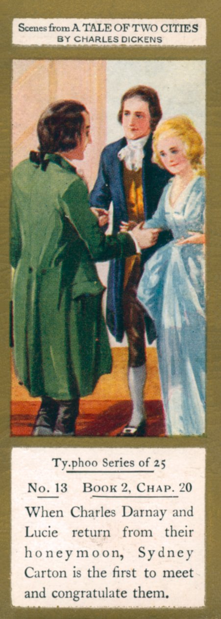 Illustratie voor A Tale of Two Cities van Charles Dickens (kleurenlitho) door English School