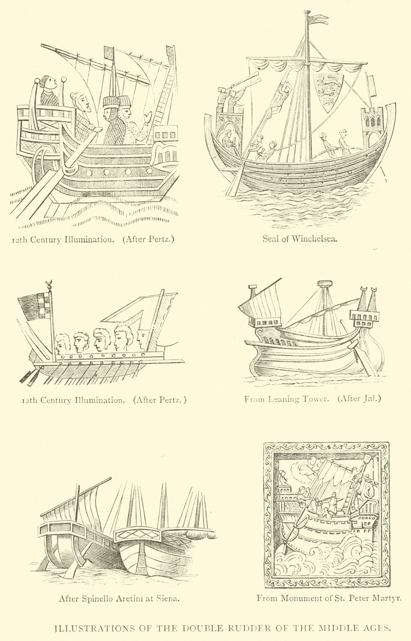 Illustraties van het Dubbele Roer van de Middeleeuwen (gravure) door English School