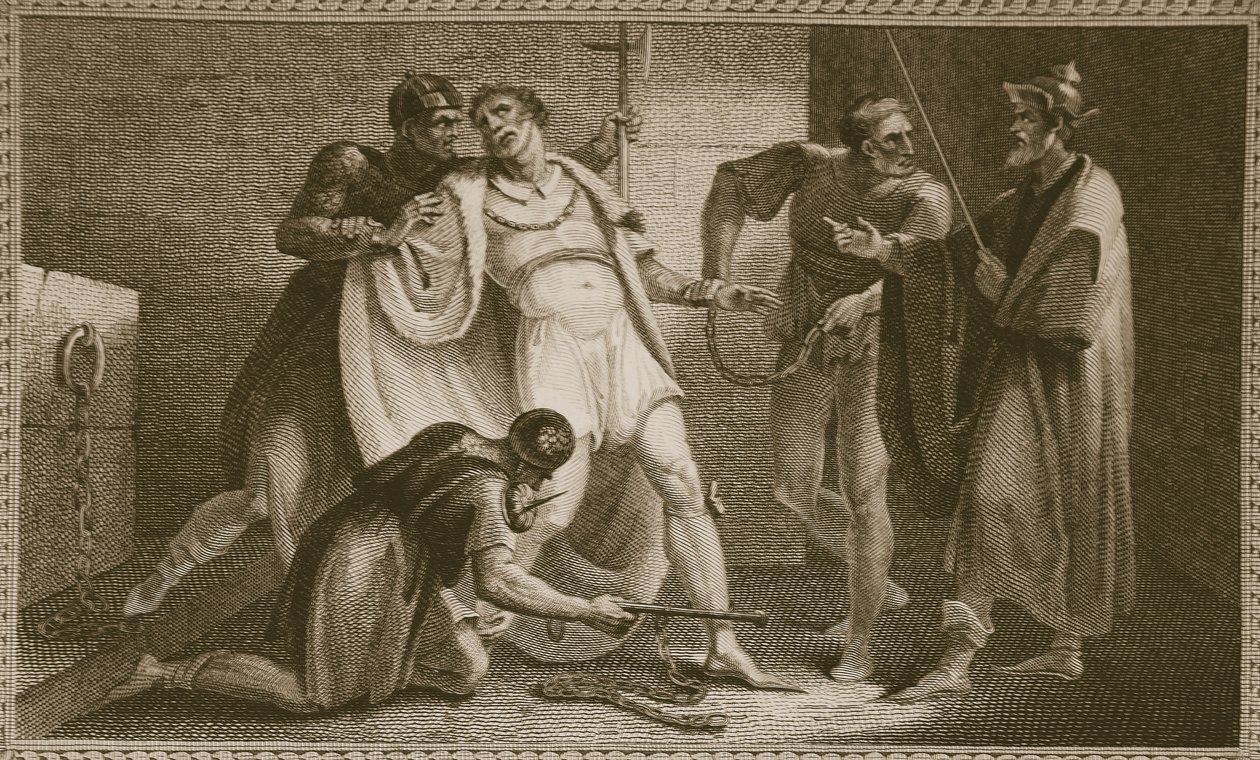 Gevangenschap van Stephen, illustratie uit David Humes The History of England, uitgegeven door R. Bowyer, Londen, 1812 door English School