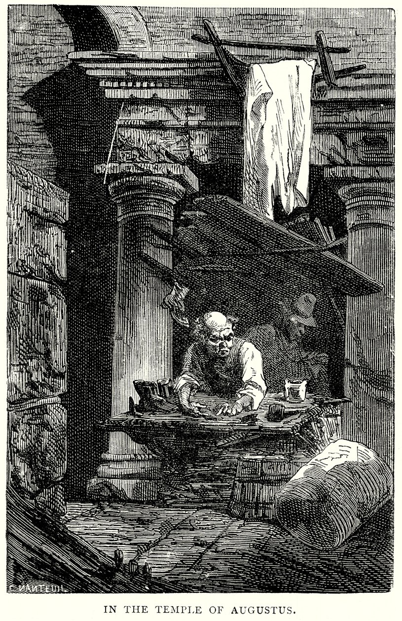 In de tempel van Augustus (gravure) door English School